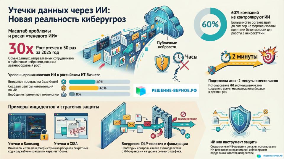 Проблема утечек данных через сервисы искусственного интеллекта в 2025 году приобрела беспрецедентный масштаб, став критическим риском для российского бизнеса. Согласно источникам, объем конфиденциальной информации, попадающей в публичные нейросети (такие как ChatGPT и Gemini), **вырос в 30 раз** по сравнению с предыдущим годом. Масштаб и причины проблемы Основным драйвером утечек стала массовая практика сотрудников использовать ИИ для решения рабочих задач без должного контроля. Это явление специалисты называют **новым видом «теневого ИТ»**, так как оно практически невидимо для подразделений информационной безопасности. Сотрудники загружают в общедоступные чат-боты широкий спектр чувствительных данных: * **Материалы стратегического планирования** и презентации. * **Аналитические отчеты** и таблицы с бизнес-данными. * **Фрагменты исходного кода** и техническую документацию. * **Внутреннюю переписку**. Отсутствие контроля и регламентации Ситуация осложняется «правовым вакуумом»: около **60% российских организаций** до сих пор не формализовали политики по работе с ИИ, а почти две трети компаний вообще не контролируют такие утечки. Это создает лавинообразную угрозу, превращая сотрудников в невольный источник риска. Громкие инциденты и риски необратимости Источники приводят примеры того, что даже эксперты по безопасности могут допускать ошибки: * **Samsung:** Инженеры использовали ChatGPT для оптимизации кода и транскрибации совещаний. В итоге **секретный исходный код оказался на серверах OpenAI**, где он мог быть использован для обучения будущих моделей ИИ. Это делает утечку фактически необратимой. * **CISA (США):** Руководитель агентства по кибербезопасности лично загрузил в ChatGPT служебные документы с пометкой «Для официального использования». Новые векторы угроз от злоумышленников Параллельно с ростом случайных утечек, злоумышленники используют ИИ для усиления атак: * **Скорость:** С помощью ИИ адаптация DDoS-атаки под защиту сократилась с нескольких часов до **1–2 минут**. *